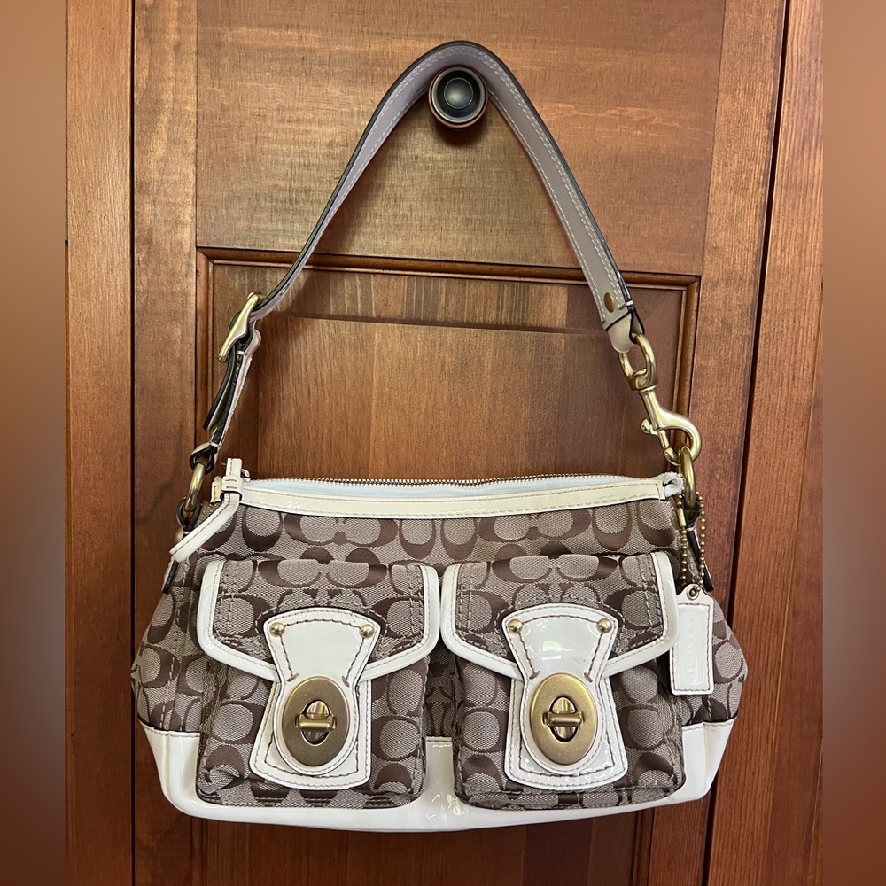 Coach Brown and White Signature Shoulder Bag